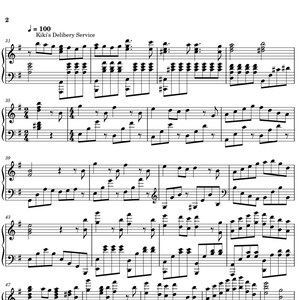 May include: A black and white musical score with treble and bass clefs. The text "Kiki's Delibery Service" is visible at the top. The score contains various musical notes and symbols, including sharps and flats.