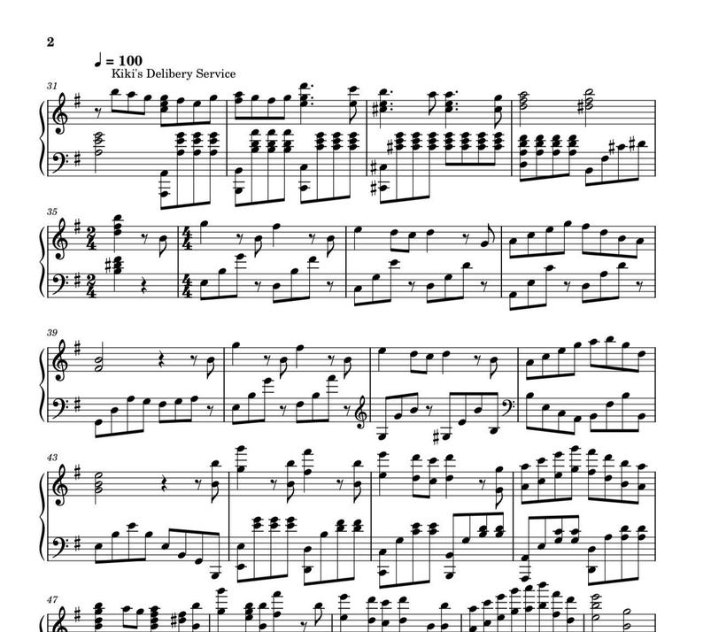 May include: A black and white musical score with treble and bass clefs. The text "Kiki's Delibery Service" is visible at the top. The score contains various musical notes and symbols, including sharps and flats.