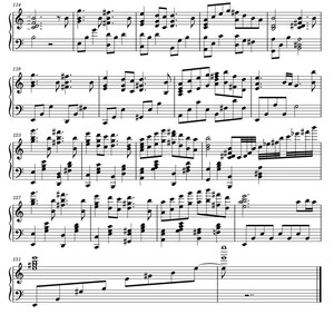 May include: A black and white musical score with treble and bass clefs. The sheet music features numerous notes, rests, and other musical symbols, indicating a complex piano composition. The score is printed on white paper, with the notes and symbols in black.