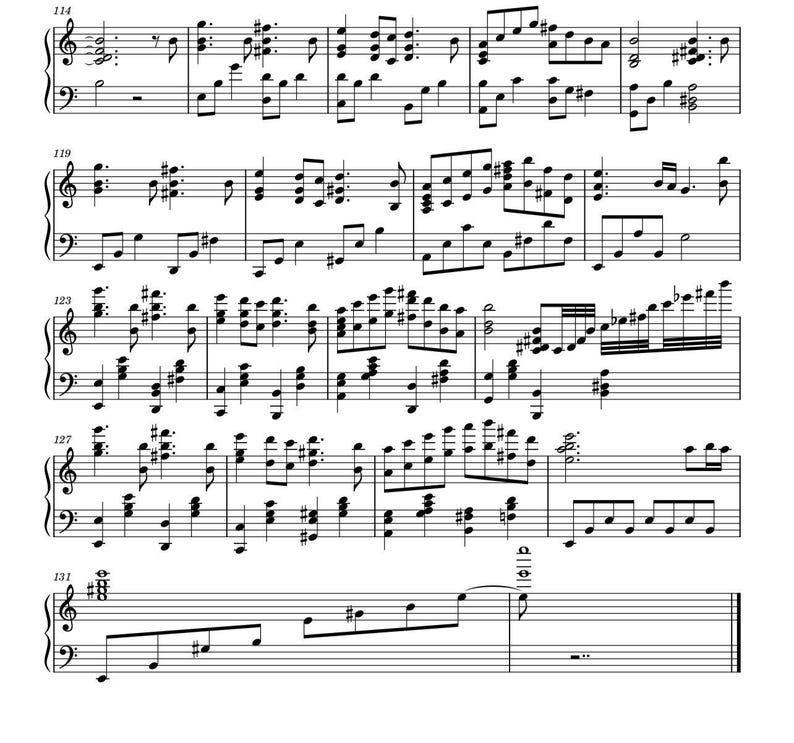 May include: A black and white musical score with treble and bass clefs. The sheet music features numerous notes, rests, and other musical symbols, indicating a complex piano composition. The score is printed on white paper, with the notes and symbols in black.