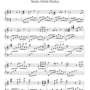 May include: Sheet music for a piano arrangement titled "Studio Ghibli Medley." The music is written in black ink on a white background, with treble and bass clefs, notes, and musical symbols. The title is at the top.