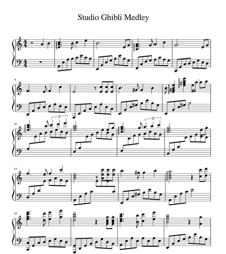 May include: Sheet music for a piano arrangement titled "Studio Ghibli Medley." The music is written in black ink on a white background, with treble and bass clefs, notes, and musical symbols. The title is at the top.