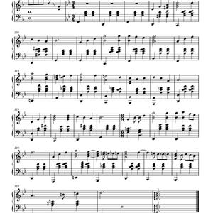 May include: Sheet music for piano featuring the title "Howl's Moving Castle" at the top. The musical notation is black on a white background, with various notes, rests, and musical symbols. The score includes treble and bass clefs.