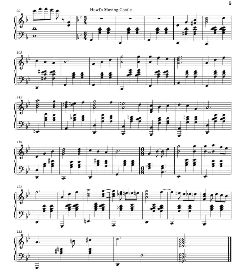May include: Sheet music for piano featuring the title "Howl's Moving Castle" at the top. The musical notation is black on a white background, with various notes, rests, and musical symbols. The score includes treble and bass clefs.