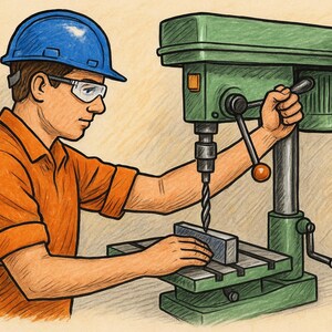 Op de afbeelding: Illustratie van een persoon die een groene boormachine bedient, een veiligheidsbril en een blauwe helm draagt. De persoon boort in een metalen blok. De afbeelding heeft een vintage, handgetekende stijl.