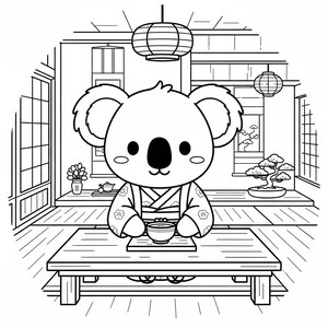 May include: Black and white illustration of a koala bear in a kimono, seated at a low table. The koala is holding a bowl, with a tea set and bonsai tree in the background. Japanese-style room with paper lanterns.