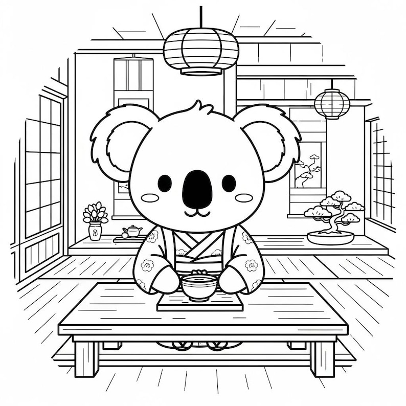 May include: Black and white illustration of a koala bear in a kimono, seated at a low table. The koala is holding a bowl, with a tea set and bonsai tree in the background. Japanese-style room with paper lanterns.
