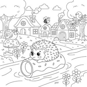 Puede incluir: Ilustraci&oacute;n en blanco y negro de una escena de pueblo caprichosa. Un erizo flota sobre un tronco, con un caracol sobre una seta y una abeja volando cerca. Casas, &aacute;rboles y flores completan el encantador paisaje.