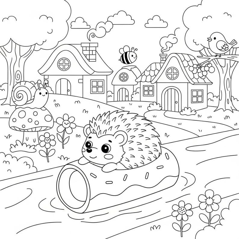 Puede incluir: Ilustraci&oacute;n en blanco y negro de una escena de pueblo caprichosa. Un erizo flota sobre un tronco, con un caracol sobre una seta y una abeja volando cerca. Casas, &aacute;rboles y flores completan el encantador paisaje.