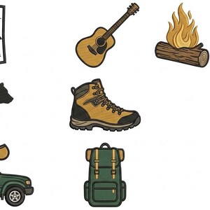 Puede incluir: Una colección de parches bordados con temática de acampada que incluye un mapa, guitarra acústica, fogata, silueta de oso negro, bota de senderismo, linterna, todoterreno verde con canoa, mochila verde y un pez saltando en un sedal.