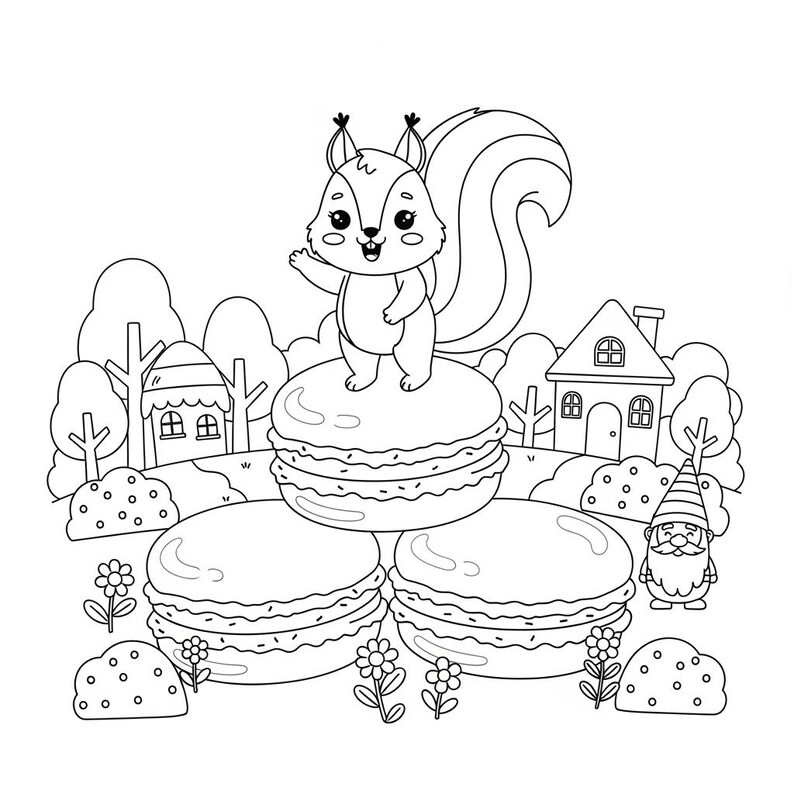Puede incluir: Ilustraci&oacute;n en blanco y negro de una ardilla de dibujos animados de pie sobre una pila de macarons. La ardilla est&aacute; saludando, con una escena de bosque caprichosa en el fondo, incluyendo casas, &aacute;rboles y un gnomo.