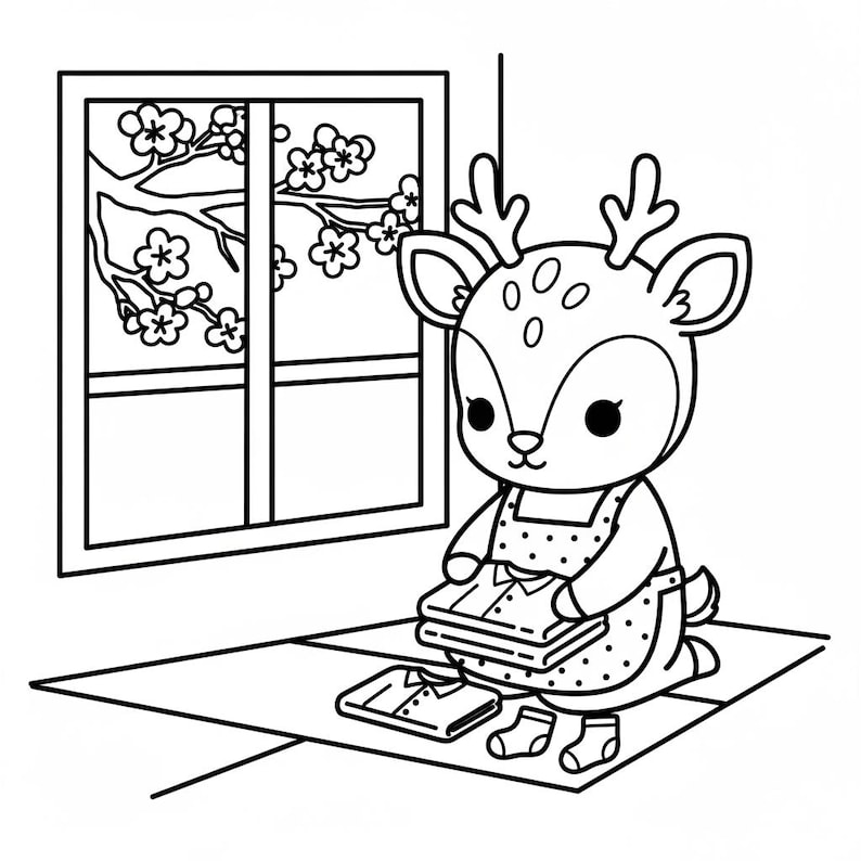 May include: Black and white illustration of a deer character wearing an apron and holding folded clothes. A window with a floral branch is in the background. Two pairs of socks and a shirt are on the floor.