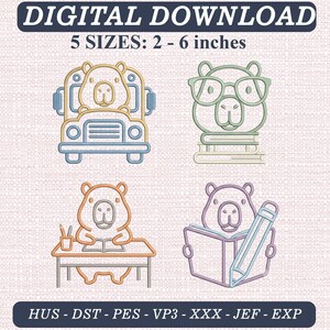 Op de afbeelding: Een digitale download borduurontwerp set met vier capibara illustraties: een in een schoolbus, een met bril en boeken, een aan een bureau met potlood, en een lezend in een boek. Tekst: DIGITAL DOWNLOAD 5 SIZES: 5 - 15 cm HUS - DST - PES - VP3 - XXX - JEF - EXP.