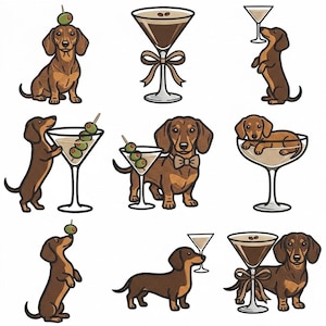 Può includere: Una collezione di nove illustrazioni raffiguranti bassotti marroni che interagiscono con bicchieri da martini. Alcuni cani sono in piedi, seduti o riposano all'interno dei bicchieri, mentre altri sono in equilibrio con olive o indossano papillon.