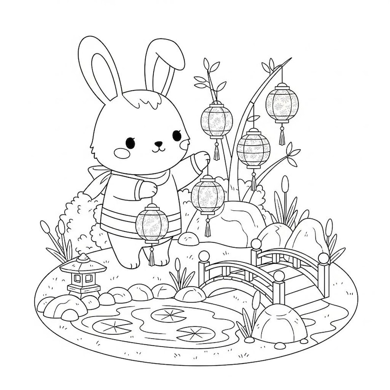 May include: Black and white illustration of a cartoon rabbit in a traditional Japanese garden setting. The rabbit is holding a lantern, with several other lanterns hanging from a tree. A small bridge crosses a pond with lily pads.