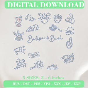 May include: A digital embroidery design file set titled Ballpark Bash featuring light blue line art icons of baseball equipment including a trophy, cap, bat, glove, whistle, flaming ball, helmet, cupcake, foam finger, megaphone, ticket, and shoe.