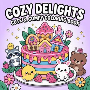 Puede incluir: Ilustraci&oacute;n para un libro para colorear titulado "Cozy Delights Cute & Comfy Coloring Book". La imagen presenta un pastel de varios niveles con casas caprichosas, rodeado de animales de dibujos animados, fresas y flores. El fondo es morado claro.