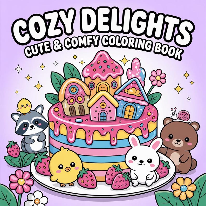 Puede incluir: Ilustraci&oacute;n para un libro para colorear titulado "Cozy Delights Cute & Comfy Coloring Book". La imagen presenta un pastel de varios niveles con casas caprichosas, rodeado de animales de dibujos animados, fresas y flores. El fondo es morado claro.