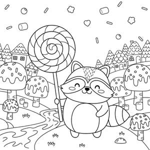 Puede incluir: Ilustraci&oacute;n en blanco y negro de un mapache de dibujos animados sosteniendo una gran piruleta. El mapache est&aacute; sonriendo, y el fondo presenta &aacute;rboles caprichosos en forma de hongo, casas y caramelos flotantes. Un r&iacute;o fluye a trav&eacute;s de la escena.