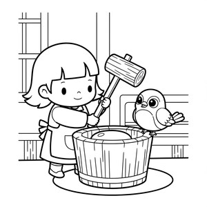 May include: Black and white illustration of a child using a mallet to pound something in a wooden barrel, with a bird perched on the barrel's edge. The child wears an apron. The scene is set indoors.