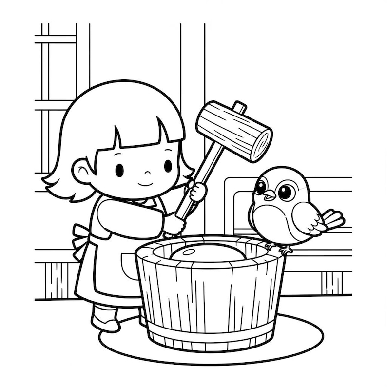May include: Black and white illustration of a child using a mallet to pound something in a wooden barrel, with a bird perched on the barrel's edge. The child wears an apron. The scene is set indoors.