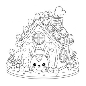 Puede incluir: Ilustraci&oacute;n en blanco y negro de una casa de jengibre con un conejito asom&aacute;ndose por la puerta. La casa est&aacute; decorada con caramelos con forma de fresa y tiene una chimenea. Setas y flores rodean la casa.
