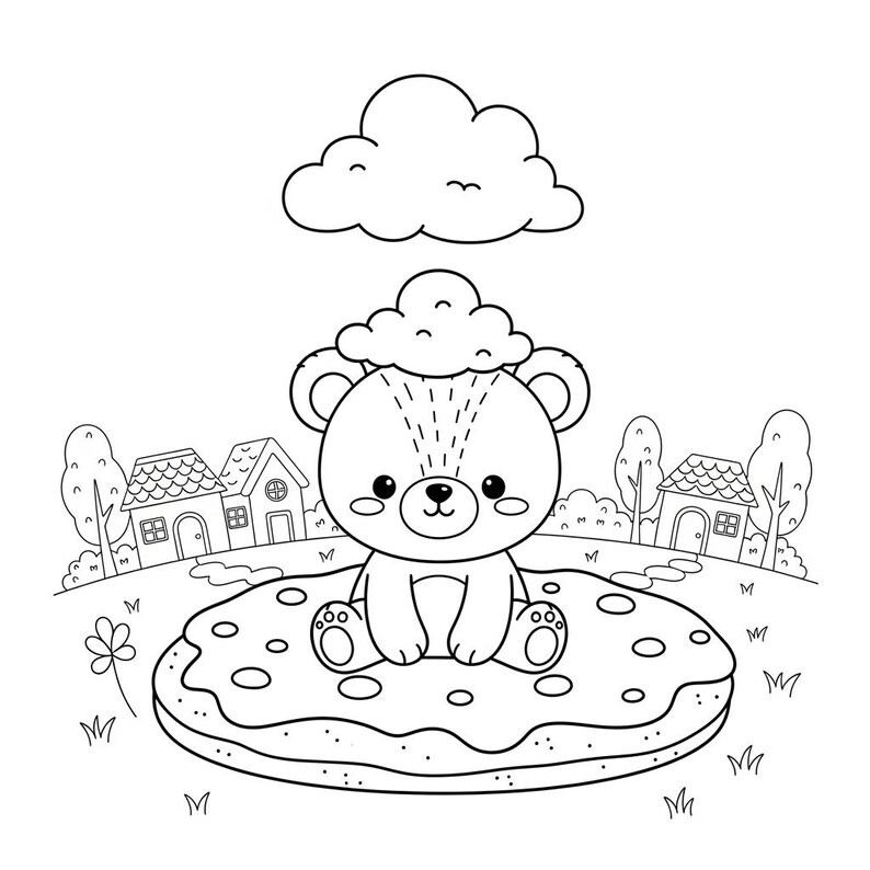 Puede incluir: Ilustraci&oacute;n en blanco y negro de un oso de dibujos animados sentado en un gran donut. El oso tiene una nube sobre su cabeza y est&aacute; frente a un fondo con casas, &aacute;rboles y una nube.
