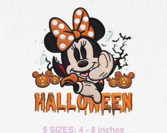 Disegno per ricamo di Minnie Mouse vampira spettrale, file per ricamo a macchina con strega magica di Halloween, ricamo di Topolino zucca fantasma per la stagione spettrale