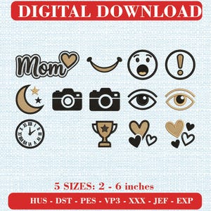 May include: A digital download embroidery design set featuring the text Mom with a heart, a smile, a surprised face, an exclamation mark, a crescent moon with stars, two cameras, two eyes, a clock, a trophy, and hearts in 5 sizes: 2-6 inches.