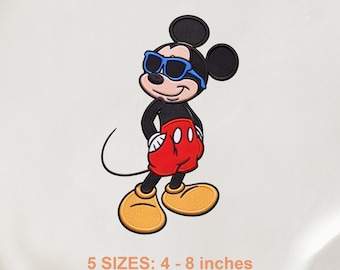 Ricamo estivo di Topolino, disegno di occhiali da sole in stile cartone animato (download digitale)