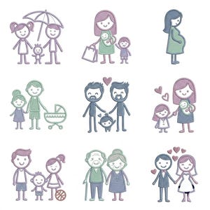 May include: A collection of nine embroidered stick figure designs featuring various family groupings, including parents with children, a pregnant figure, a couple with a baby, grandparents, and a wedding couple, rendered in shades of purple and green.