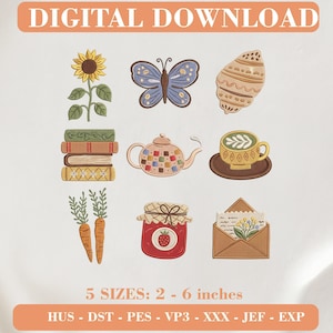 Könnte beinhalten: Ein digitales Stickmuster-Set zum Herunterladen mit neun Symbolen: eine gelbe Sonnenblume, ein blauer Schmetterling, eine beige Muschel, ein Stapel aus vier Büchern, eine gemusterte Teekanne, eine Kaffeetasse, zwei orangefarbene Karotten, ein Erdbeermarmeladenglas und ein Briefumschlag.