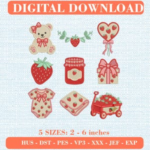 May include: A digital download embroidery design set featuring a teddy bear with a bow, strawberry vines, a heart-shaped strawberry balloon, a single strawberry, a jam jar, a gift box, a baby bodysuit, a blanket, and a wagon filled with strawberries.
