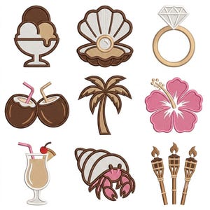 May include: A collection of nine embroidered patches featuring a bowl of ice cream, an open oyster with a pearl, a diamond ring, two coconuts with straws, a palm tree, a pink hibiscus flower, a tropical drink, a hermit crab, and three tiki torches.
