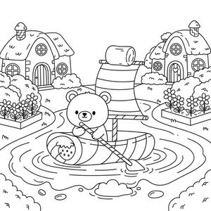 Puede incluir: Ilustraci&oacute;n en blanco y negro de un osezno en un bote con una vela de malvavisco, remando en un r&iacute;o. Dos casas y jardines de flores flanquean el r&iacute;o, creando una escena caprichosa.