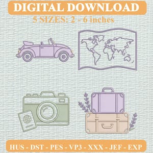 Könnte beinhalten: Eine digitale Stickdatei mit einem hellvioletten Cabrio, einer Weltkarte, einer Kamera mit Reisepass und zwei gestapelten Koffern. Text: DIGITAL DOWNLOAD, 5 SIZES: 5 - 15 cm, HUS - DST - PES - VP3 - XXX - JEF - EXP.