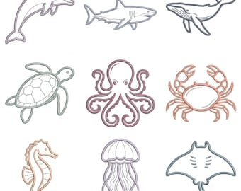 Pacchetto di ricami con motivi floreali e di animali marini, set di icone oceaniche (download digitale)