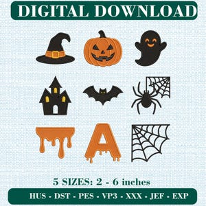 Op de afbeelding: Een digitale download borduurontwerp-set met negen Halloween-iconen: een heksenhoed, pompoen, spook, spookhuis, vleermuis, spin met web, oranje druppelvorm, letter A met druppels en een groot spinnenweb. Tekst: DIGITAL DOWNLOAD.