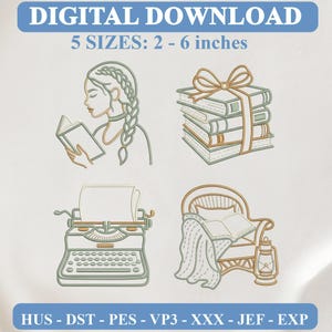 May include: Digital download embroidery design set featuring four line art illustrations: a person reading a book, a stack of books tied with a bow, a vintage typewriter, and an armchair with a blanket, book, and lantern. Includes 5 sizes: 2-6 inches.