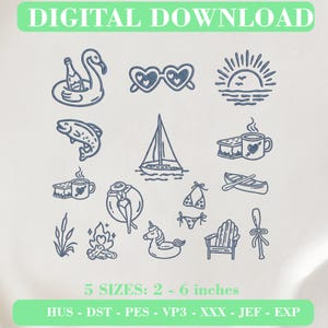 May include: A digital download embroidery design set featuring dark blue line art icons including a flamingo float, heart sunglasses, sunset, fish, sailboat, s'mores with a mug, canoe, person on a float, bikini, cattails, campfire, unicorn float, chair, and paddle. Text reads: DIGITAL DOWNLOAD, 5 SIZES: 2 - 6 inches, HUS - DST - PES - VP3 - XXX - JEF - EXP.