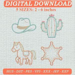 Kawaii Vilda Västern Mini Ikoner Broderiset, Cowboy Kaktus Häst Sheriff (Digital Nedladdning)