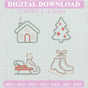 Peut inclure: Un ensemble de motifs de broderie numérique avec quatre icônes sur le thème de l'hiver : une maison, un sapin de Noël avec des boules rouges, une personne sur une luge et des patins à glace avec un nœud. Texte : DIGITAL DOWNLOAD, 5 SIZES; 5 - 15 cm.