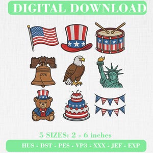 Könnte beinhalten: Ein digitales Stickmuster-Set mit neun patriotischen Motiven: US-Flagge, Zylinder, Trommel, Liberty Bell mit 1776, Weißkopfseeadler, Freiheitsstatue, Teddybär im Anzug, Torte und Wimpelkette. Enthält 5 Größen von 5 bis 15 cm für verschiedene Formate.