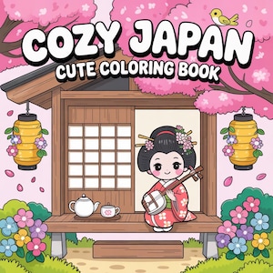 May include: A colorful illustration of a coloring book cover titled "COZY JAPAN CUTE COLORING BOOK." It features a geisha playing a shamisen, a traditional Japanese instrument, in front of a wooden house with cherry blossoms and lanterns.