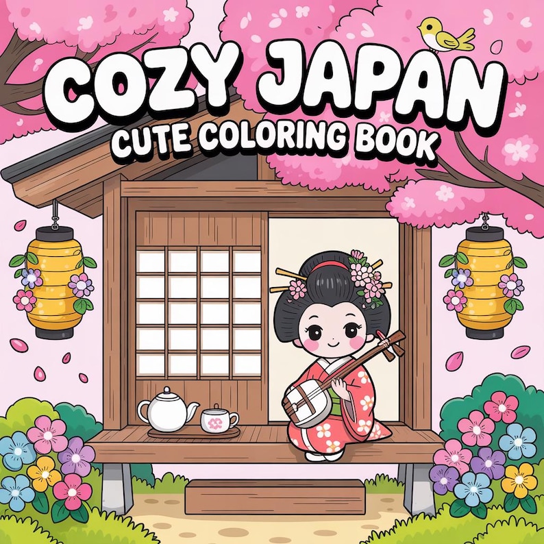 May include: A colorful illustration of a coloring book cover titled "COZY JAPAN CUTE COLORING BOOK." It features a geisha playing a shamisen, a traditional Japanese instrument, in front of a wooden house with cherry blossoms and lanterns.