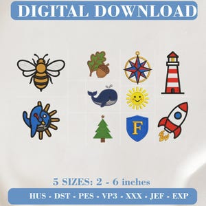 Puede incluir: Un conjunto de diseños de bordado para descarga digital que incluye una abeja, una bellota con hoja, una brújula, un faro, una ballena, un sol, un pino, un escudo con la letra F y un cohete. Texto: DIGITAL DOWNLOAD y 5 SIZES: 5 - 15 cm.