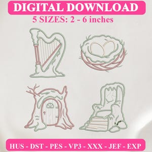 May include: Digital download embroidery design set featuring four line art illustrations: a harp, a bird nest with eggs, a tree trunk door, and a stone throne. Text includes DIGITAL DOWNLOAD, 5 SIZES: 2 - 6 inches, and file formats HUS, DST, PES, VP3, XXX, JEF, EXP.