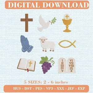 Christian Religious Symbols Embroidery Design Set, Cross, Dove, Ichthys (Digital Download)
