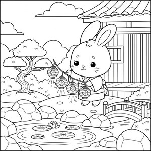 May include: Black and white illustration of a cartoon bunny holding a string of lanterns. The bunny is wearing a kimono and is in a Japanese garden setting with a pond, bridge, and traditional buildings.