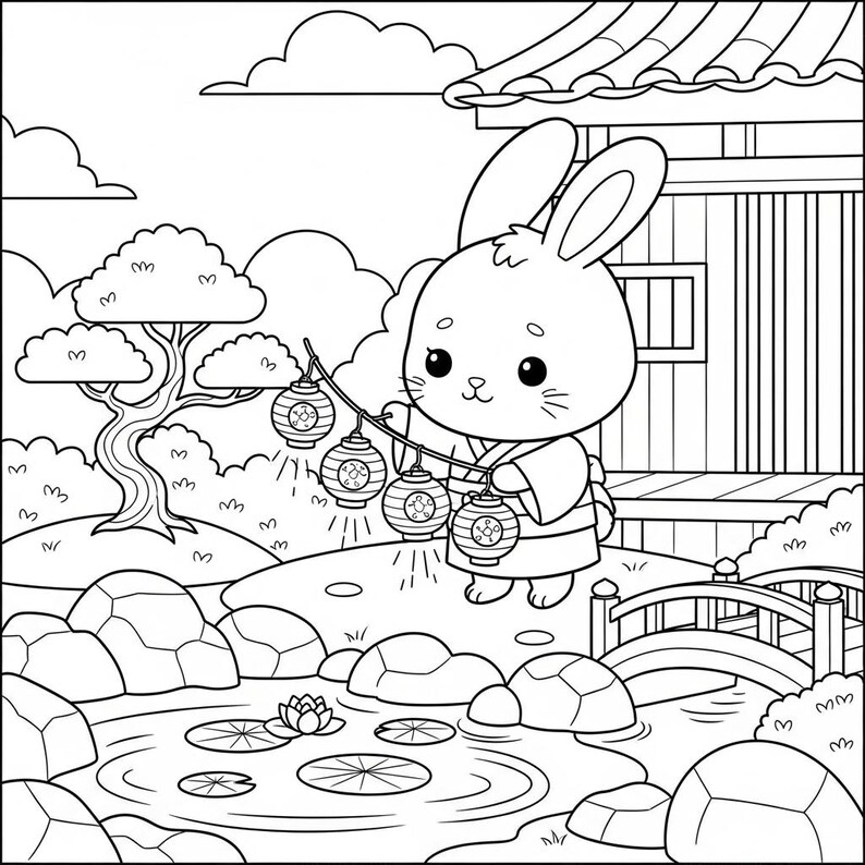 May include: Black and white illustration of a cartoon bunny holding a string of lanterns. The bunny is wearing a kimono and is in a Japanese garden setting with a pond, bridge, and traditional buildings.